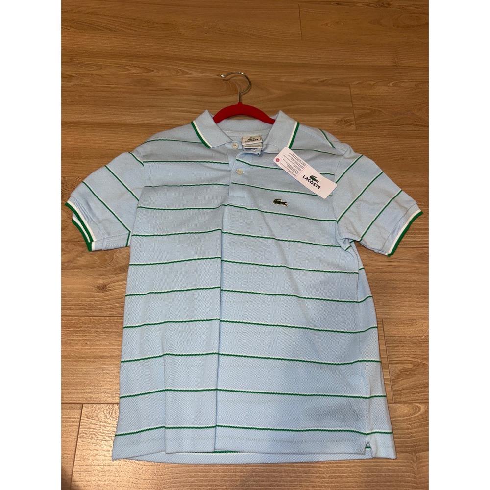 Lacoste Kids Striped Polo‎ Shirt Light Blue Green White Size 10 NWT New